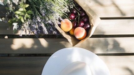Farmers market tote filled with fresh summer fruits and herbs on a wooden bench with a sun hat nearby showcasing seasonal abundance
