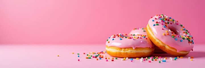 Glazed donuts, rainbow sprinkles, pink backdrop, sugary, sprinkles background, pink