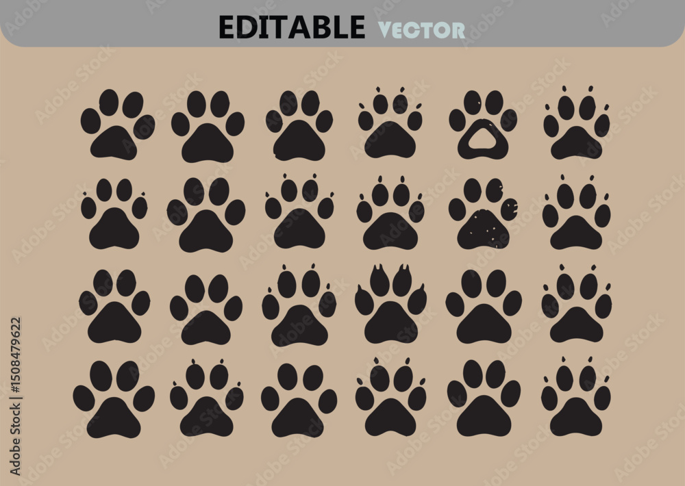 Poster collection of twenty one black paw prints with different styles on a light brown background in an ed