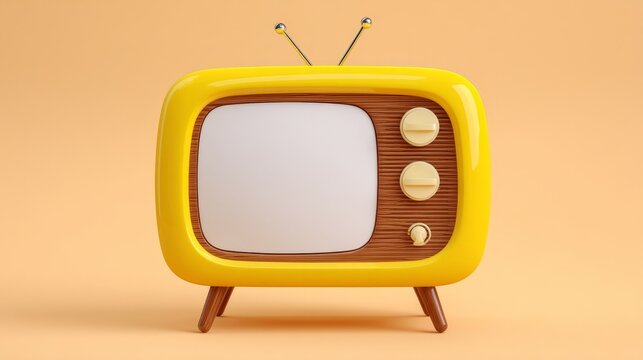 With its blank screen and subtle reflection, a retro television set on a white backdrop showcases a nostalgic design that epitomizes midcentury modern aesthetic