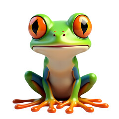 A cartoon red eyed tree frog sitting with bright green skin and large orange eyes on a black background isolated on transparent background
