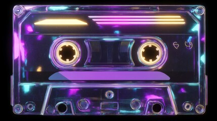 A dark background provides a striking contrast to a vibrant retro cassette tape as it glows with neon blue and orange lights, highlighting its clear casing and inducing nostalgic feelings in today's