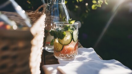 Enjoying refreshing fruit infused drinks in a rustic backyard filled with evening light and natural decorations for a perfect summer gathering