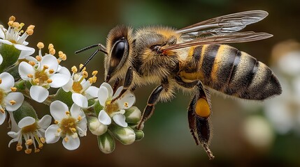 Honeybee Pollinating White Flower Macro.