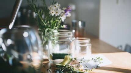 Zero waste summer cooking with a DIY pickling station showcasing cucumber peels, herb stems, and overripe produce in glass jars on a sunny wooden table