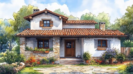Obraz premium Watercolor illustration of a European cottage