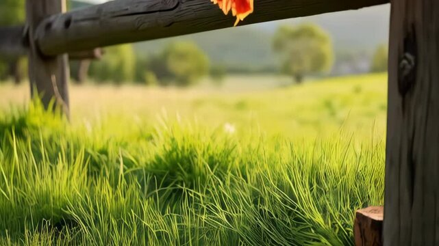 Colorful fringed poncho draped on a weathered wooden fence in a grassy, natural setting with a blurred green background.