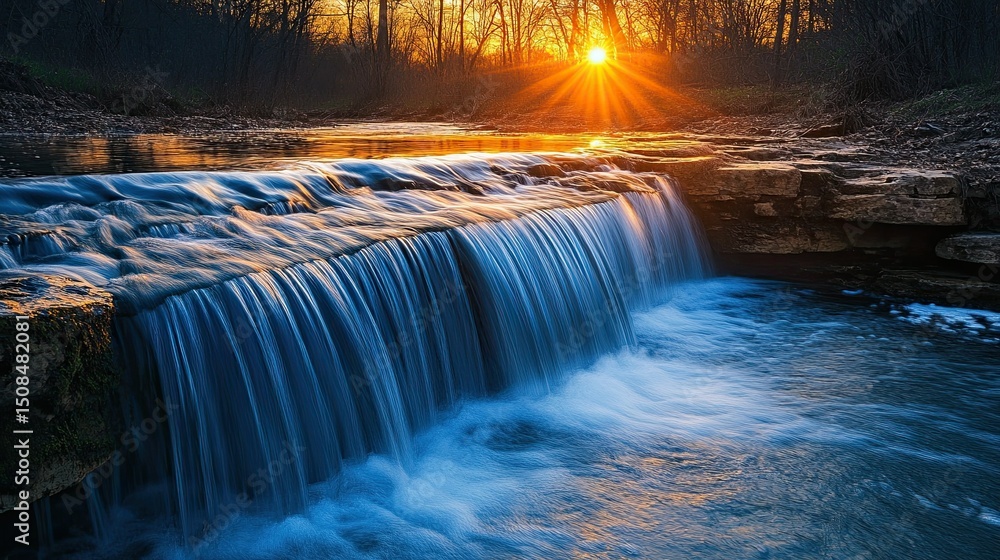 Poster waterfall cascading over rocks with sunburst through trees in the background at golden hour light