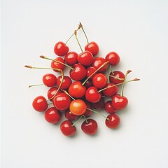 A pile of fresh red cherries on white background