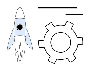 Rocket taking off with exhaust trails next to a gear, representing innovation and technology. Ideal for startup, productivity, growth, engineering, tech development, creativity, simple landing page