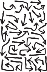 Crayon arrow sketches collection - hand drawn doodle style pointers, curved lines, round swirls. Chaotic scribbling, artistic design elements set. Black grunge brush strokes isolated on white