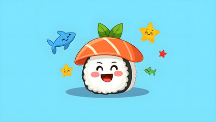 cute cartoon sushi roll, adorable sushi character, friendly sushi mascot, smiley sushi with large eyes, vibrant colors, whimsical illustration, 3D rendered, highly detailed,