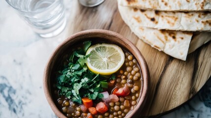 Hearty lentil soup with lemon, fresh herbs, and flatbread served in traditional clay bowls with pickled vegetables