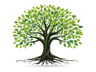Fototapeta premium Green vector tree silhouette with roots and leaves, symbolizing nature's growth and ecology