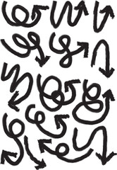 Crayon arrow sketches collection - hand drawn doodle style pointers, curved lines, round swirls. Chaotic scribbling, artistic design elements set. Black grunge brush strokes isolated on white