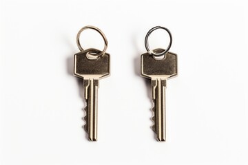 2 keys with white label plastic tag white background protection keychain.
