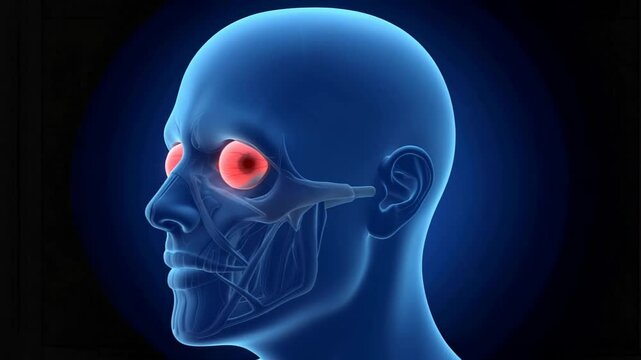 Rotating Xray view of human skull highlighting eye anatomy with blue glow effect