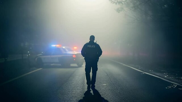 Police officer approaching patrol car in dense fog illuminated by flashing lights at night