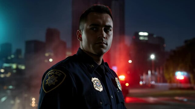 Calm and focused night patrol with a determined police officer in an urban setting