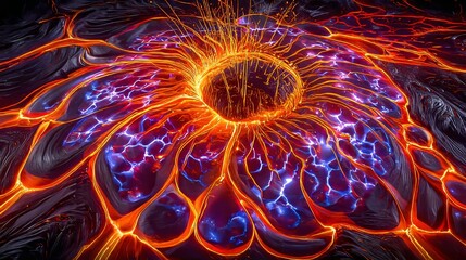 An aerial view of an active volcanic eruption from a helicopter creates a surreal scene