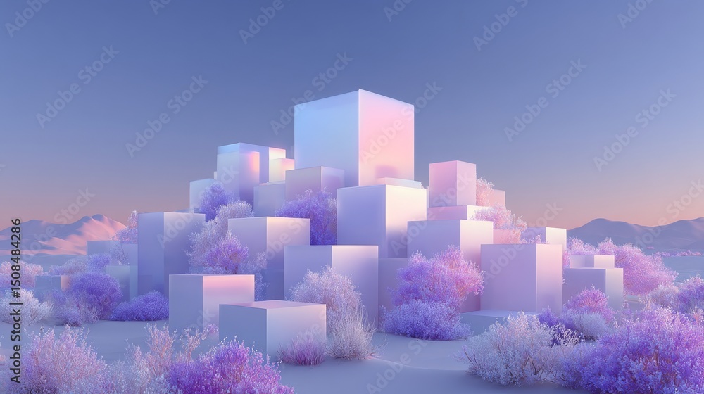 Poster a dreamlike scenery consists of white geometric forms set against a desert backdrop with gentle clou