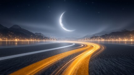 A surreal alien landscape swallows a deserted highway that stretches out under a crescent moon and starry night sky