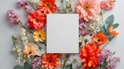 A blank white card surrounded by a variety of colorful flowers including orange, pink, and white blooms. The arrangement is vibrant and suitable for invitations or greeting cards.