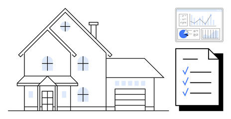 Fototapeta premium House with windows and garage, checklist with blue checkmarks, analytics dashboard. Ideal for real estate, home inspection, architecture, housing market, property management, decision-making