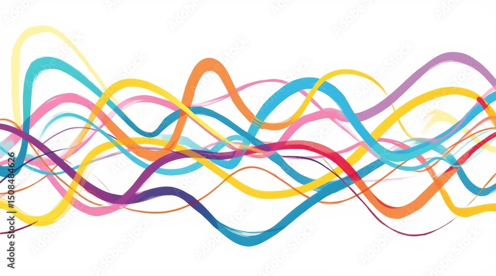 Poster colorful wavy lines intertwine across a white background, creating an abstract and dynamic visual ef