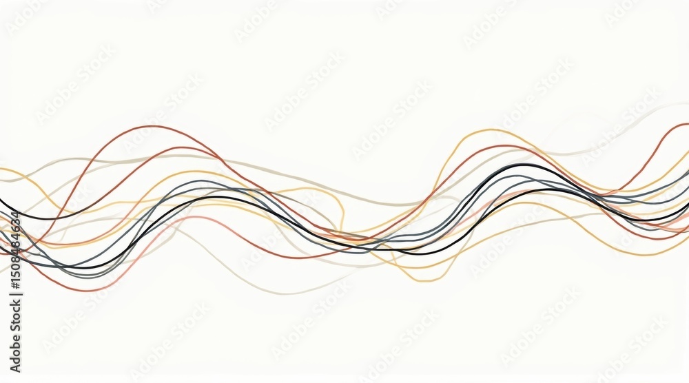 Poster colorful, wavy lines intertwine on a white background, creating a minimalist and abstract visual eff