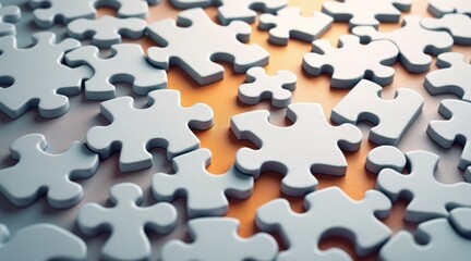 Scattered white jigsaw puzzle pieces on a flat surface, illuminated by soft, warm light, creating a sense of challenge and curiosity.