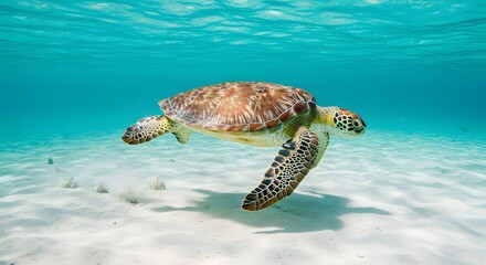 Obraz premium Majestic Green Sea Turtle Gracefully Gliding Through Crystal-Clear Caribbean Waters