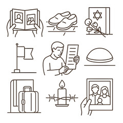 Illustrative icon set depicting Jewish genocide remembrance concept  