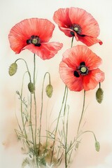 Vibrant Watercolor Painting of Red Poppies on Cream Background