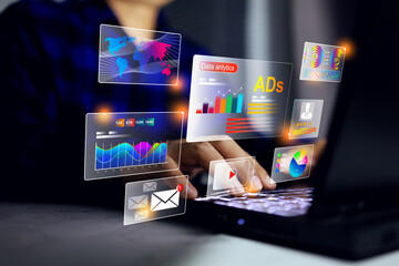 Digital marketing advertisement concept with businessman checking dashboard on laptop computer...