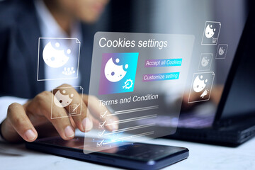Plakat cookies policy concept with businessman reading and setting term and policy before accept cookies web browser