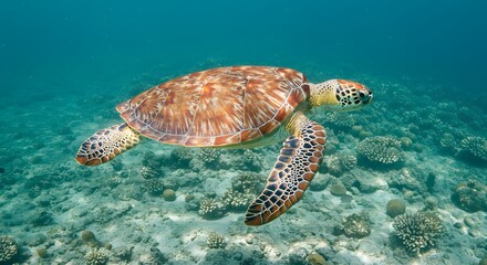 Fototapeta premium Majestic Green Sea Turtle Gracefully Navigating a Vibrant Coral Reef Ecosystem