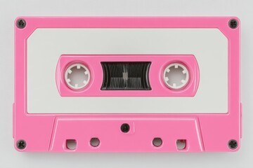 Fototapeta premium The 80s vintage aesthetic is perfectly captured by a pristine pink cassette tape set against a white background, exuding retro audio charm