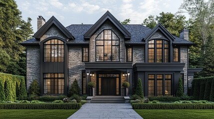 Exterior view of a large stone house with dark trim and a well manicured lawn and garden area
