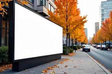 
Empty billboard in urban environment along street with autumn foliage for advertising mockup. Fall in the sity.