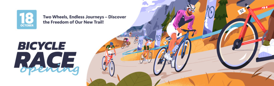 Design of bicycle race promotion banner. Advertising template of sports event with cycling competition. Layout with cyclists riding road bikes. Tour de France contest. Flat vector illustration