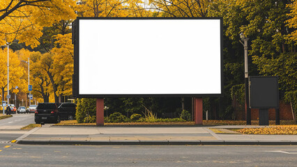 
Empty billboard in urban environment along street with autumn foliage for advertising mockup. Fall in the sity.