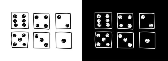 Doodle dice with white and black cubes. Dice icon illustration. Craps. Six dice set. Sides of the dice