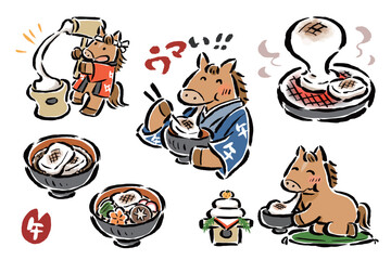 お正月に餅を楽しむ干支の馬（午）　餅つき・焼き餅・善哉・お雑煮・鏡餅