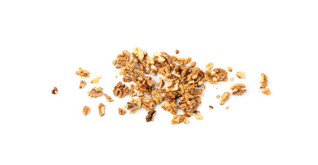 Chopped wallnut , broken roasted walnuts powder, heap of nuts crumbs, whole kernel pieces