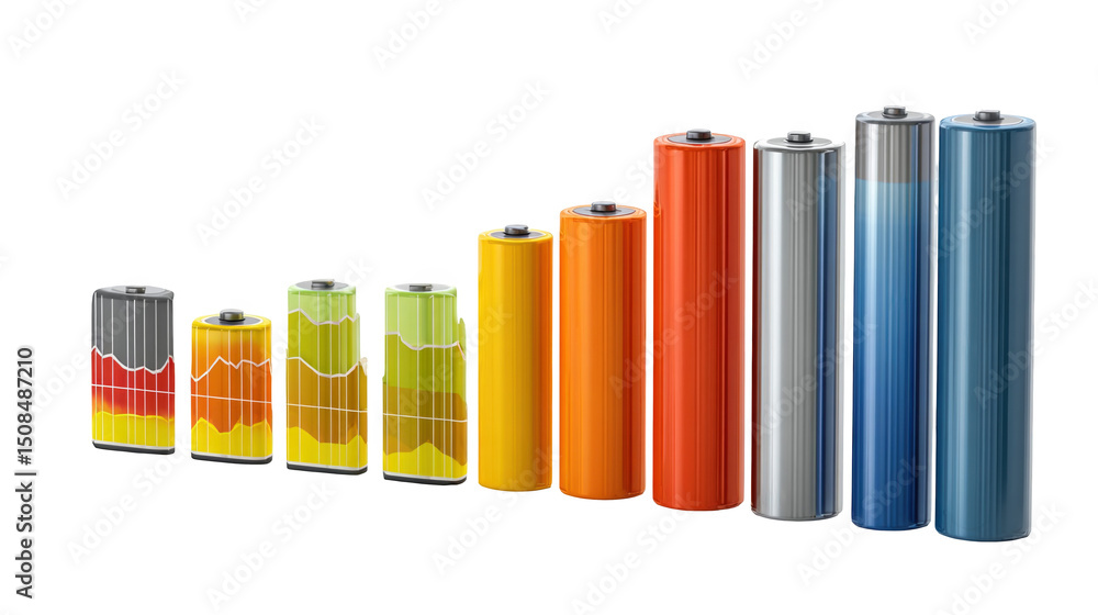 Poster colorful cylindrical batteries are displaying increasing charge levels, from empty to full, against 