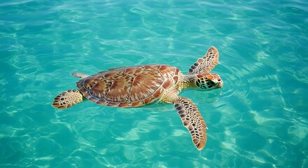 Fototapeta premium Majestic Sea Turtle Gracefully Gliding Through Crystal-Clear Turquoise Waters