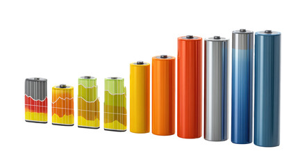 Obraz premium Colorful cylindrical batteries are displaying increasing charge levels, from empty to full, against a transparent background, creating a visual representation of power or energy status