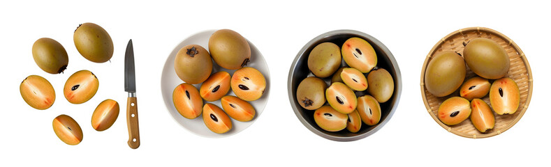A whole and sliced ​​sapodilla chiku fruit and a bowl on a clean transparent background