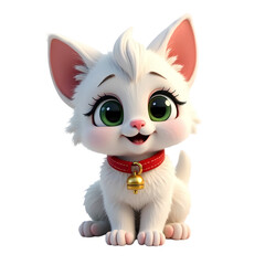 A cute white cartoon kitten with green eyes wearing a red collar and golden bell sitting down pretty isolated on transparent background